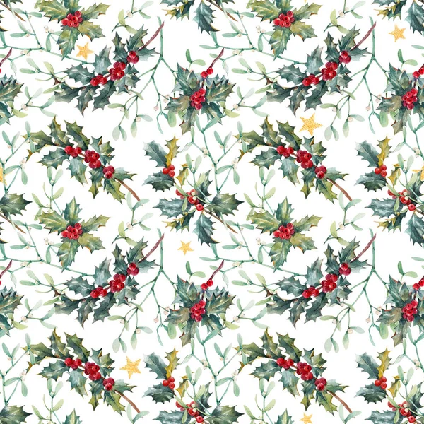 Schöne florale Weihnachten nahtlose Muster mit handgezeichneten Aquarell Stechpalme Zweige. Winterillustration Aktienmarkt 2022. — Stockfoto