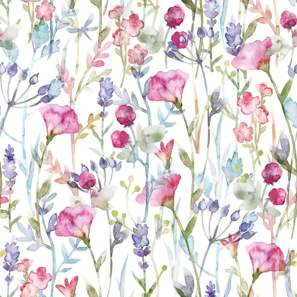Schöne florale Vektor nahtlose Muster mit niedlichen Aquarell handgezeichneten abstrakten Wildblumen. Archivbild. — Stockvektor
