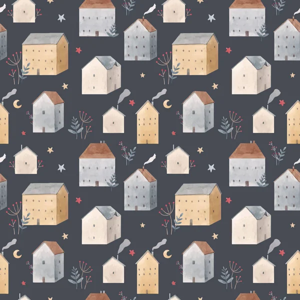 Mooie winter vector naadloos patroon met de hand getekend aquarel schattige huizen. Voorraadillustratie. — Stockvector