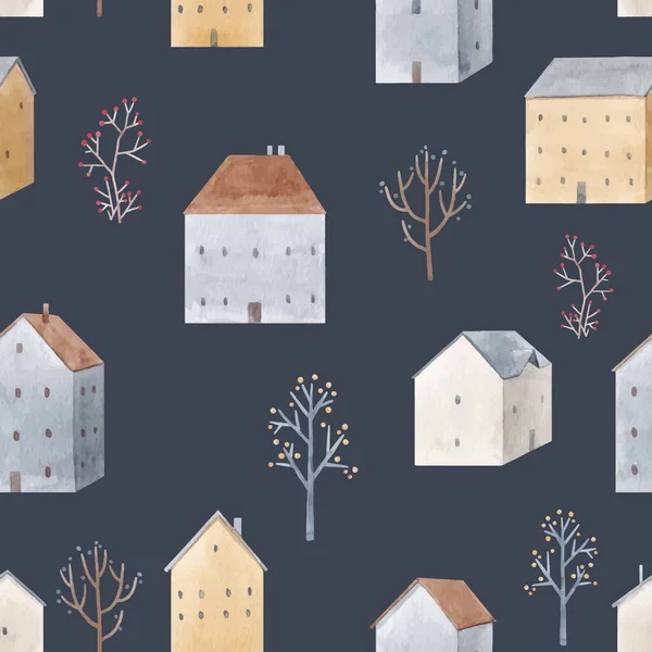 Beau modèle sans couture vecteur d'hiver avec des maisons mignonnes aquarelle dessinées à la main. Illustration de stock. — Image vectorielle