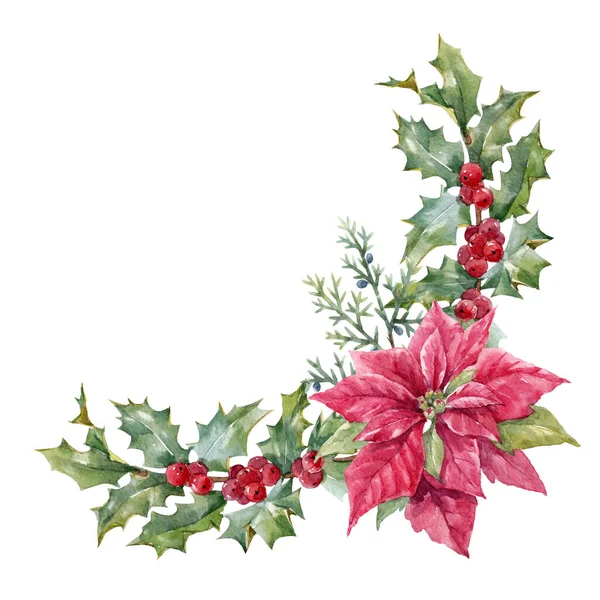 Hermoso marco de Navidad floral con flores de invierno de acuarela dibujadas a mano, tales como poinsettia roja y rama de acebo. Stock 2022 ilustración de invierno. — Foto de Stock
