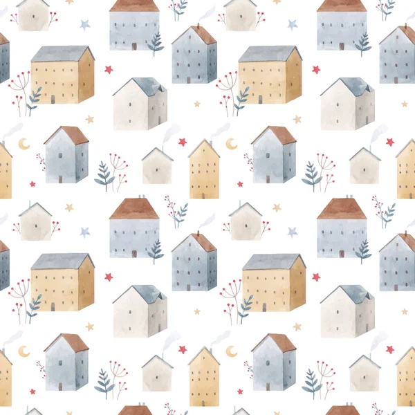 Beautiful winter vector seamless pattern with hand drawn watercolor cute houses. Stock illustration. — Stock Vector
