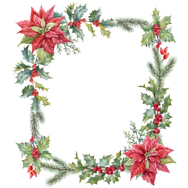 Gyönyörű virágos karácsonyi keret kézzel rajzolt akvarell téli virágok, mint a piros poinsettia és magyal ág. Készlet 2022 téli illusztráció. — Stock Fotó
