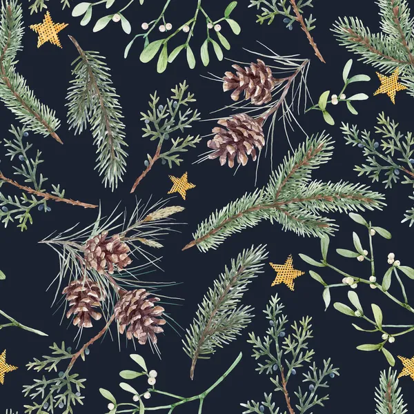 Όμορφη floral Χριστούγεννα απρόσκοπτη μοτίβο με ζωγραφισμένα στο χέρι ακουαρέλα χειμώνα δάσος έλατο υποκατάστημα και κώνο. Απόθεμα 2022 απεικόνιση χειμώνα. — Φωτογραφία Αρχείου