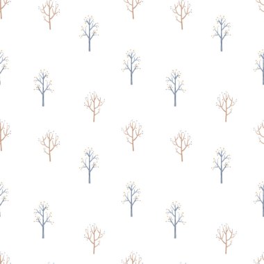 Elle çizilmiş suluboya ağaçlarla mükemmel bir kış şablonu. Stok illüstrasyonu.