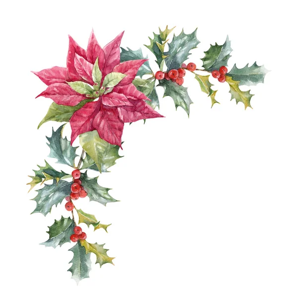 Beau cadre de Noël floral avec des fleurs d'hiver aquarelle dessinées à la main telles que poinsettia rouge et branche de houx. Stock 2022 illustration d'hiver. — Photo