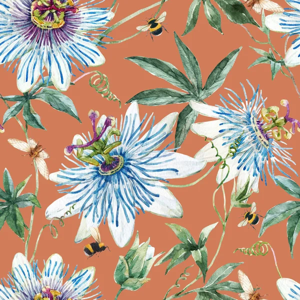 Beautiful floral seamless pattern with hand drawn watercolor blue passionflowers. Stock illustration. — Stock Photo, Image