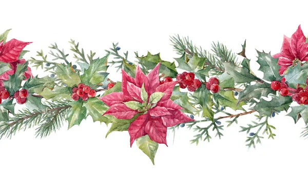 Όμορφη οριζόντια floral Χριστούγεννα απρόσκοπτη μοτίβο με ζωγραφισμένα στο χέρι ακουαρέλα χειμωνιάτικα λουλούδια, όπως κόκκινο poinsettia Holly. Απόθεμα 2022 απεικόνιση χειμώνα. — Φωτογραφία Αρχείου