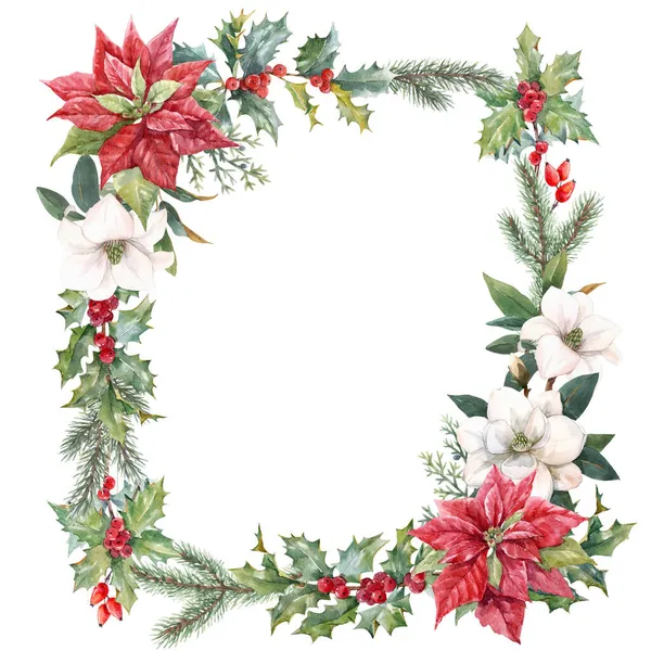 Beau cadre de Noël floral avec des fleurs d'hiver aquarelle dessinées à la main telles que poinsettia rouge et branche de houx. Stock 2022 illustration d'hiver. — Photo