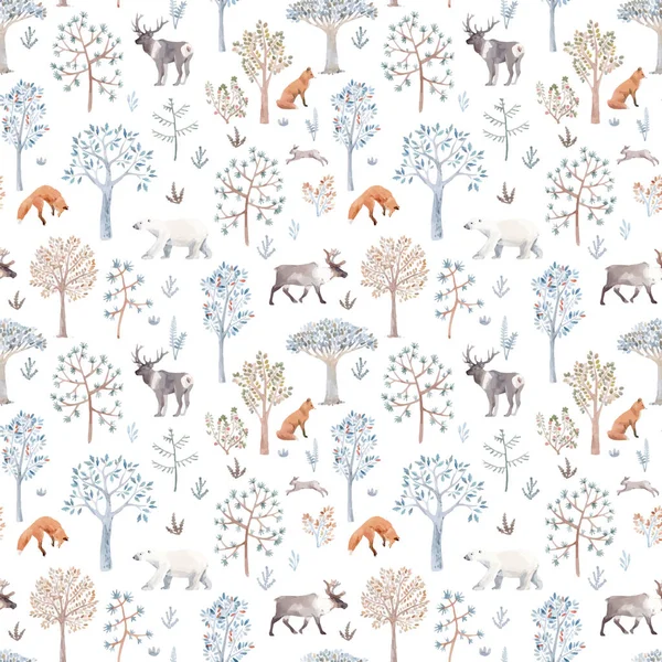 Beautiful vector winter seamless pattern with hand drawn watercolor cute trees and forest bear fox deer animals. Stock illustration. — Stock Vector