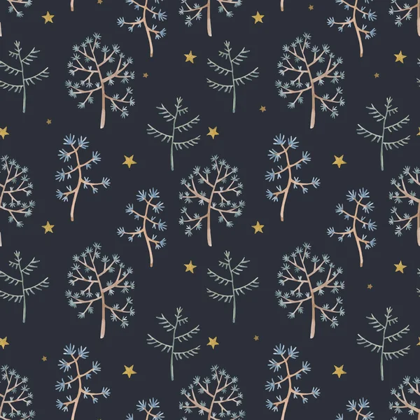 Όμορφη διάνυσμα χειμώνα αδιάλειπτη μοτίβο με ζωγραφισμένα στο χέρι ακουαρέλα χαριτωμένα δέντρα. Εικονογράφηση αποθέματος. — Διανυσματικό Αρχείο