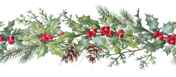 Gyönyörű vízszintes virágos karácsonyi zökkenőmentes minta kézzel rajzolt akvarell téli virágok, mint Holly. Készlet 2022 téli illusztráció. — Stock Fotó