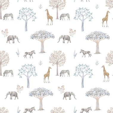 Güzel vektörsüz desenli, elle çizilmiş suluboya ağaçlar ve safari fili zürafa zebraları. Stok illüstrasyonu.