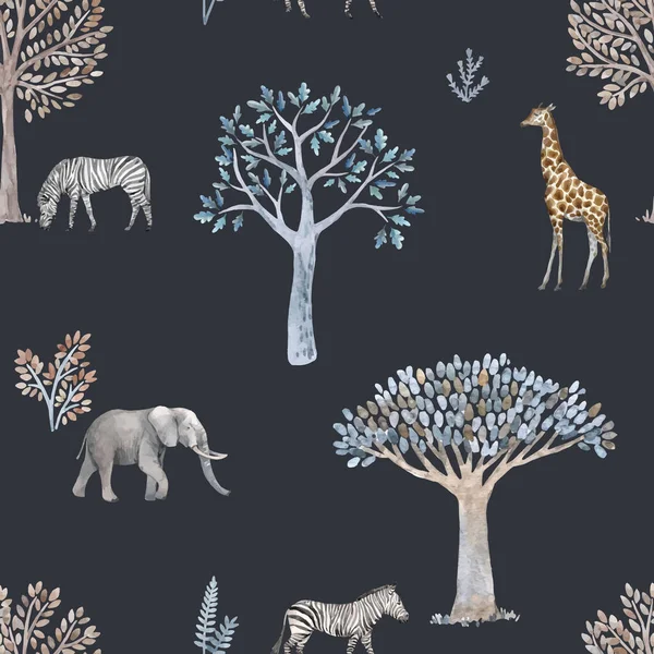 Bellissimo modello vettoriale senza soluzione di continuità con alberi carino acquerello disegnato a mano e safari elefante animali zebra giraffa. Illustrazione delle scorte. — Vettoriale Stock