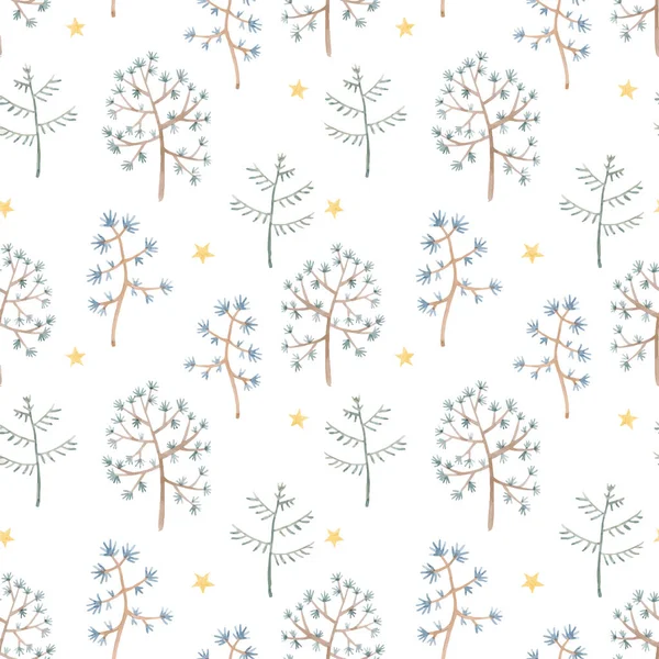아름다운 벡터 겨울 물감없는 패턴 과 손으로 그린 물감같은 귀여운 나무들. 주식 삽화. — 스톡 벡터