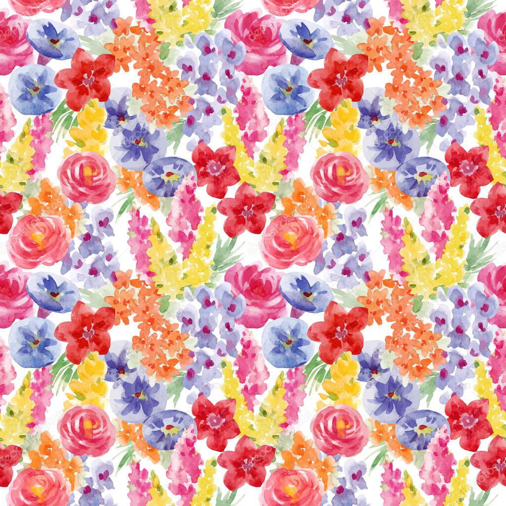 Beautiful vector floral seamless pattern with cute watercolor hand drawn abstract wild flowers. Stock illustration.