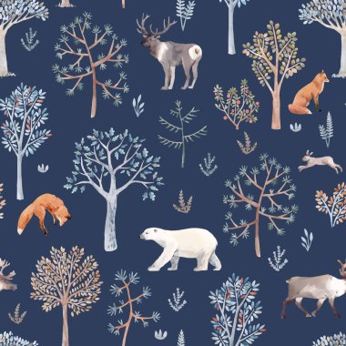 Elle çizilmiş suluboya ağaçlar ve orman ayısı tilki geyiği hayvanlarıyla mükemmel bir kış şablonu. Stok illüstrasyonu.