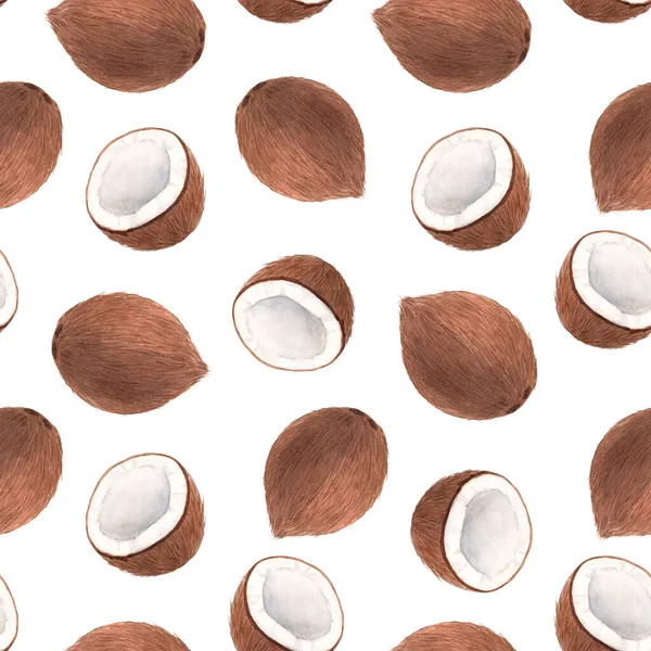 Vackert sömlöst mönster med akvarell handritade kokosnötter. Lagerillustration. — Stockfoto