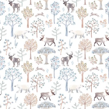 Elle çizilmiş suluboya ağaçlar ve orman ayısı tilki geyiği hayvanlarıyla mükemmel bir kış şablonu. Stok illüstrasyonu.