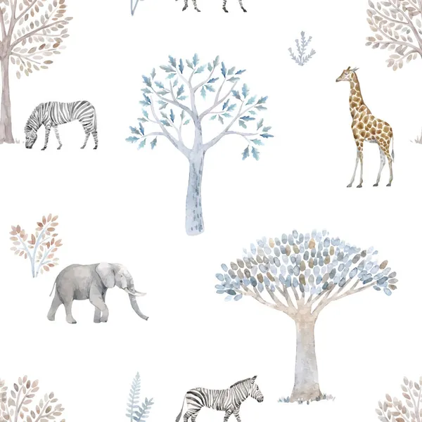 Beautiful vector seamless pattern with hand drawn watercolor cute trees and safari elephant giraffe zebra animals. Stock illustration. — Stock Vector