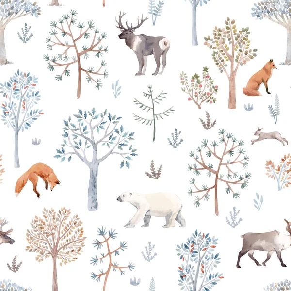 Krásný vektor zima bezešvé vzor s ručně kreslené akvarel roztomilé stromy a les medvěd liška jelena zvířata. Stock illustration. — Stockový vektor