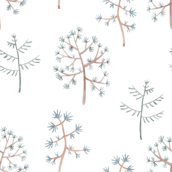 Vacker vektor vinter sömlöst mönster med handritade akvarell söta träd. Lagerillustration. — Stock vektor