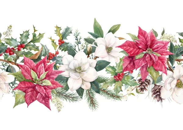 Schöne horizontale florale Weihnachten nahtlose Muster mit handgezeichneten Aquarell-Winterblumen wie rotem Weihnachtsstern Stechpalme. Winterillustration Aktienmarkt 2022. — Stockfoto