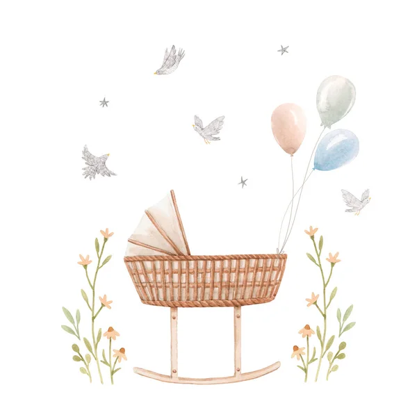 Beautiful composition with hand drawn watercolor baby cradle crib air baloons and flowers. Stock clip art illustration for boy. — Stock Photo, Image