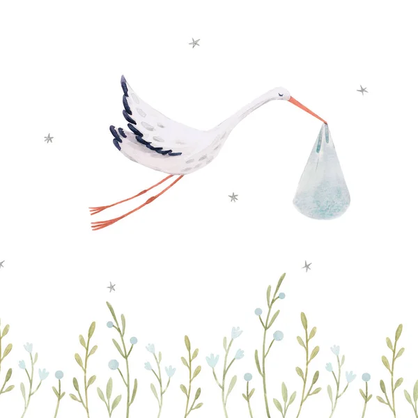 손으로 그린 귀여운 황새 새 가생일 선물로 사내 아이를 안고 있는 아름다운 스톡 클립 아트 삽화. — 스톡 사진