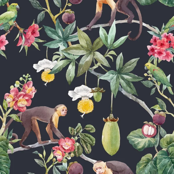 Beautiful vector seamless tropical floral pattern with cute hand drawn watercolor monkey and exotic jungle flowers. Stock illustration. — Stock Vector