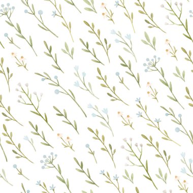 Çiçeksiz desenli, tatlı suluboya elleriyle yabani çiçekler çizmiş. Stok illüstrasyonu.