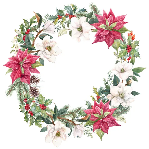 Όμορφο φλοράλ χριστουγεννιάτικο πλαίσιο με ζωγραφισμένα στο χέρι ακουαρέλα χειμωνιάτικα λουλούδια, όπως κόκκινο poinsettia και Holly υποκατάστημα. Απόθεμα 2022 απεικόνιση χειμώνα. — Φωτογραφία Αρχείου