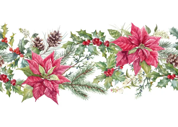 Beautiful horizontal floral christmas seamless pattern with hand drawn watercolor winter flowers such as red poinsettia holly. Stock 2022 winter illustration. — Stock Photo, Image