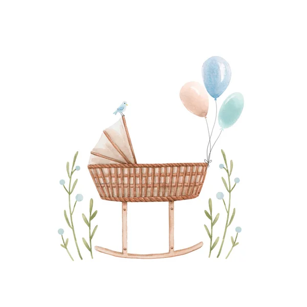 Beautiful composition with hand drawn watercolor baby cradle crib air baloons and flowers. Stock clip art illustration for boy. — Stock Photo, Image
