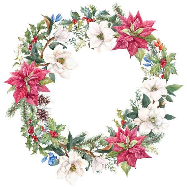 Vacker blommig jul ram med handritade akvarell vinter blommor såsom röd julstjärna och järnek gren. stock 2022 vinter illustration. — Stockfoto
