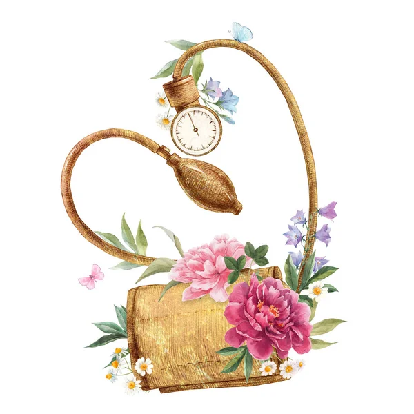 손으로 그린 수채화 의사의 역계 온도계와 꽃으로 그린 아름다운 스톡 클립 아트 삽화. — 스톡 사진