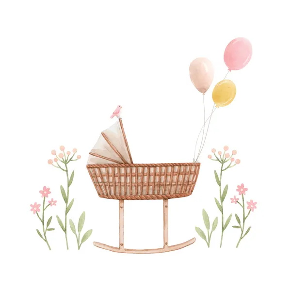 Belle composition avec aquarelle dessinée à la main berceau bébé berceau ballons à air et fleurs. Illustration clip art pour fille. — Photo