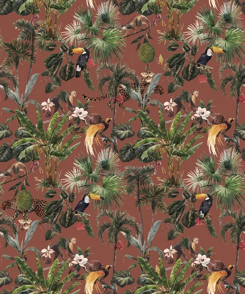 Mooi naadloos tropisch bloemenpatroon met handgetekende aquarel exotische jungle palmbomen en dieren. Toekan aap en paradijsvogel. Voorraadillustratie. — Stockfoto