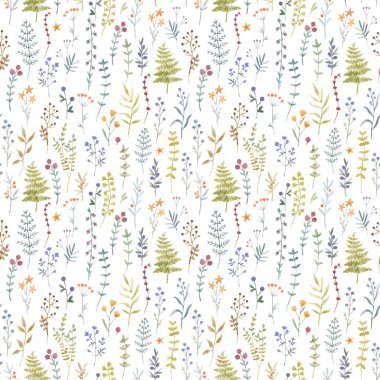 Çiçeksiz güzel vektör deseni ve tatlı suluboya el çizimi yabani çiçekler. Stok illüstrasyonu.