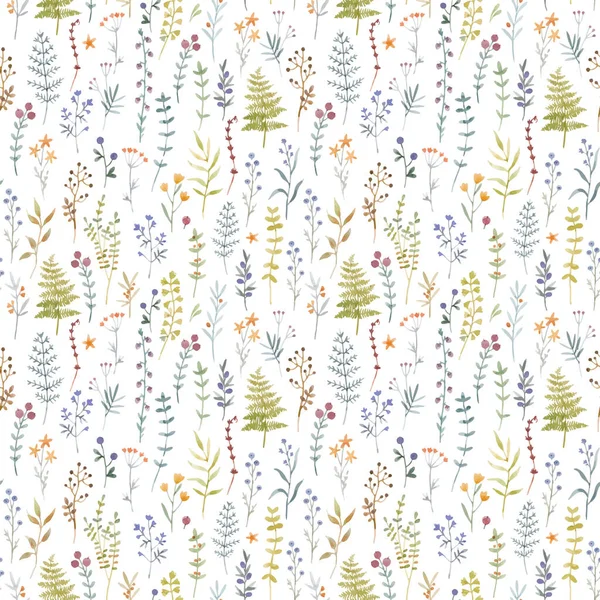 Beau motif floral vectoriel sans couture avec de jolies fleurs sauvages dessinées à la main aquarelle. Illustration de stock. — Image vectorielle