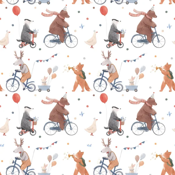 Hermoso patrón sin costuras con lindos animales de acuarela dibujados a mano en bicicletas y globos de aire. Fiesta de cumpleaños. Stock ilustración bebé. —  Fotos de Stock