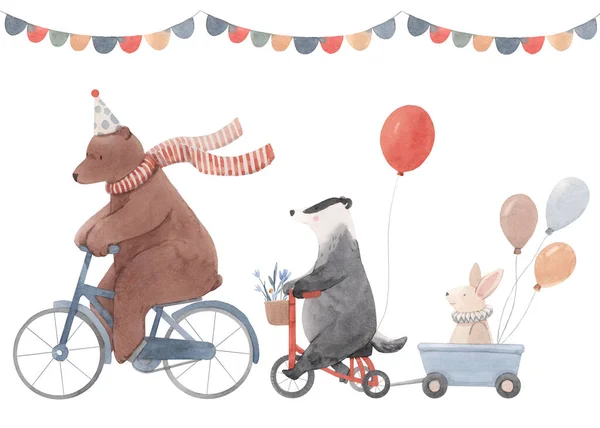 Vacker bild med söta handritade akvarell djur på cyklar och luftbalooner. Födelsedagsfest björn grävling kanin firande. Stock baby illustration. — Stockfoto