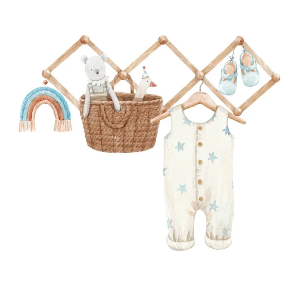 Schöne Stock Baby-Illustration mit sehr niedlichen handgezeichneten Aquarell Jungen Kleiderschrank Strampler und Korb mit Spielzeug. — Stockfoto