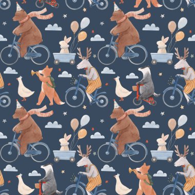 Güzel, pürüzsüz desenli, şirin el yapımı, suluboya hayvanları motorlar ve balonlarla çiziyor. Doğum günü partisi kutlaması. Stock bebek çizimi.