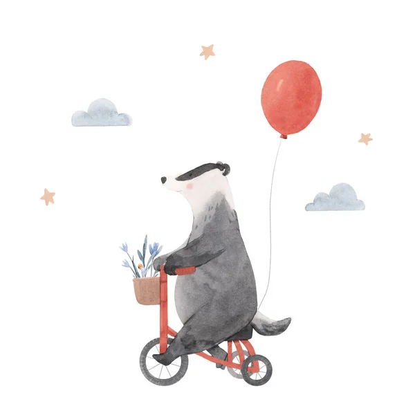 Belle illustration de bébé de stock avec le blaireau aquarelle dessiné à la main très mignon sur le vélo avec le ballon d'air rouge. — Photo