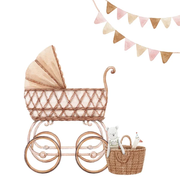 Beautiful stock illustration with very cute hand drawn watercolor girls baby carriage and basket of toys. — Stock Photo, Image