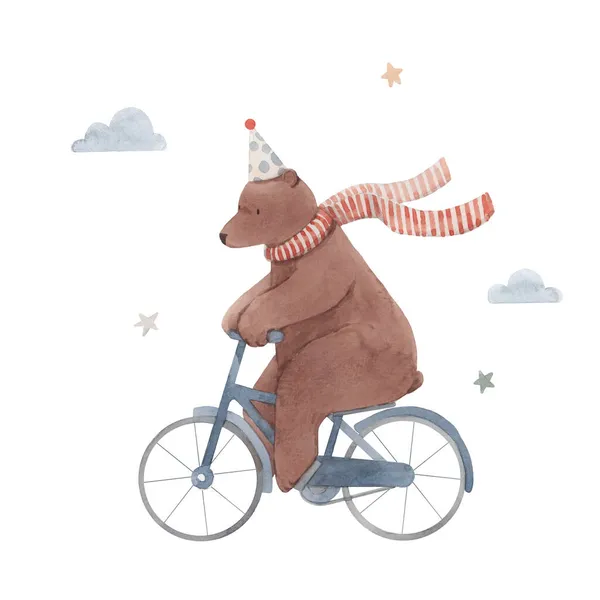 Bonito estoque bebê ilustração com mão muito bonito desenhado urso aquarela na bicicleta com boné de aniversário e lenço vermelho. — Fotografia de Stock