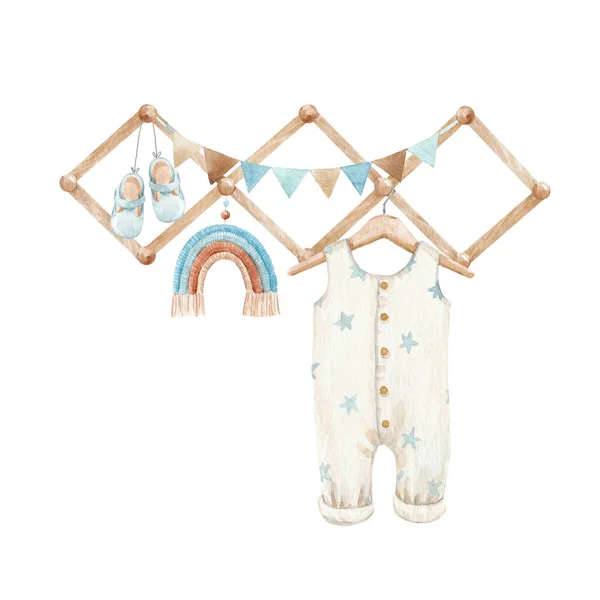 Schöne Stock Baby-Illustration mit sehr niedlichen handgezeichneten Aquarell Jungen Kleiderschrank Strampler und Korb mit Spielzeug. — Stockfoto