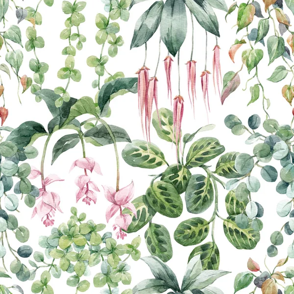 Hermoso patrón floral tropical sin costuras con acuarela dibujada a mano flores exóticas de la selva. Ilustración general. —  Fotos de Stock