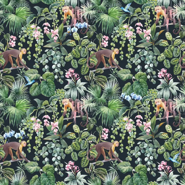 Beautiful seamless tropical floral pattern with cute hand drawn watercolor monkey and exotic jungle flowers. Stock illustration.